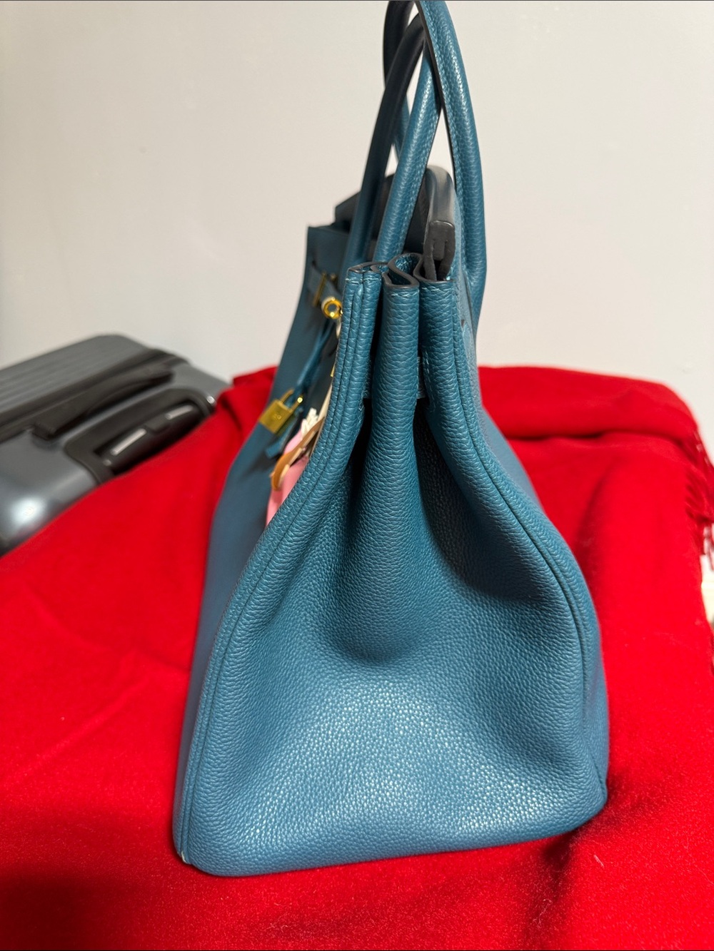 Size 40 Teal Leather Structured Top-Handle Bag with Gold Hardware - Picture 8 of 10